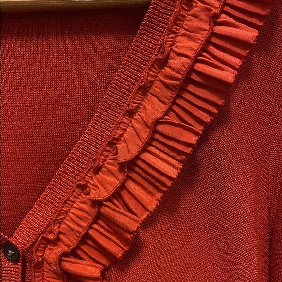 Women's DKNY Turkish Silk Burnt Orange Ruffled Cardigan Sz M EUC!! - Picture 5 of 14